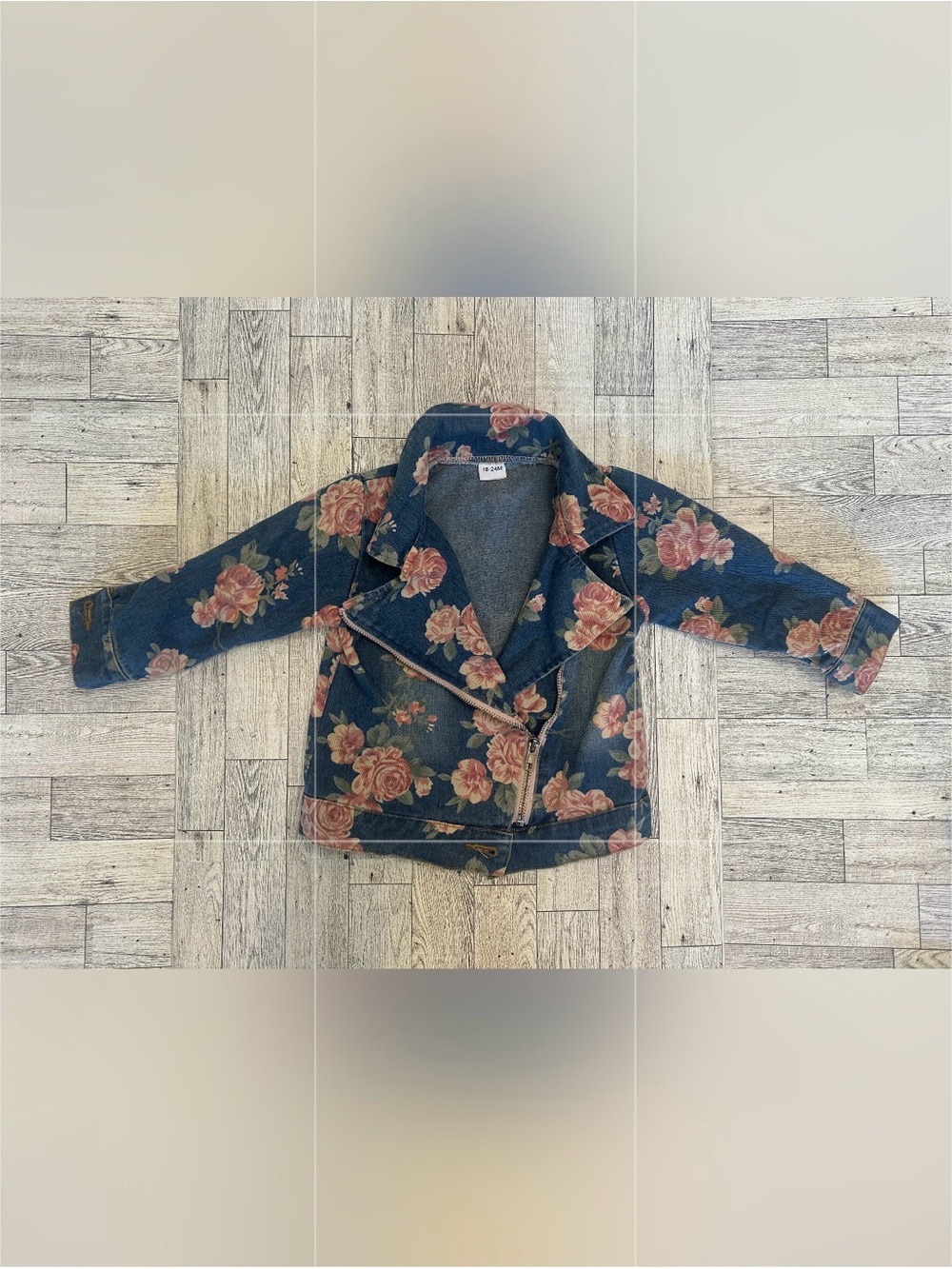 Floral Denim Moto Jacket - Blue with Pink Roses size 18-24 months